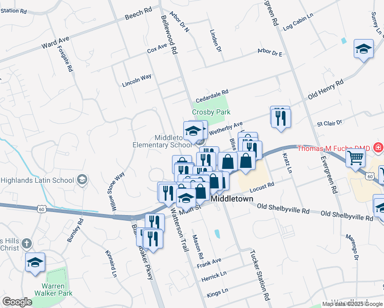 map of restaurants, bars, coffee shops, grocery stores, and more near 218 North Madison Avenue in Middletown