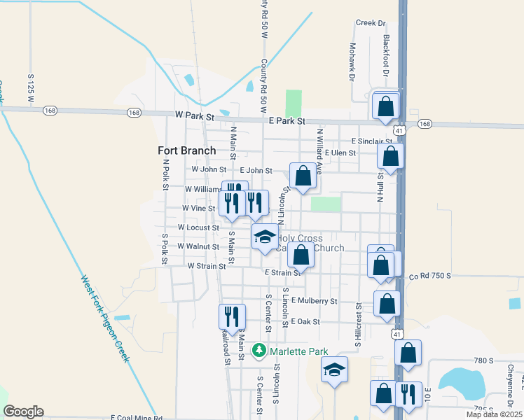 map of restaurants, bars, coffee shops, grocery stores, and more near 300 East Vine Street in Fort Branch