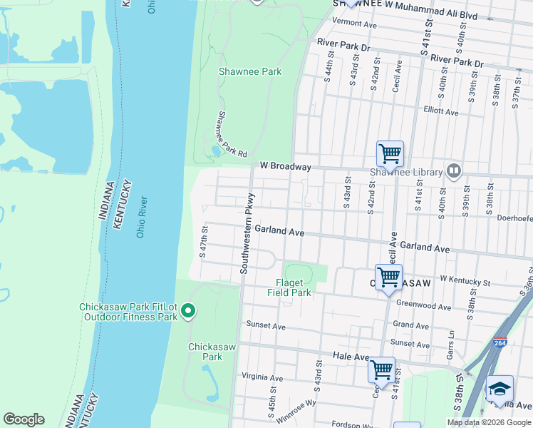 map of restaurants, bars, coffee shops, grocery stores, and more near 4522 Brewster Avenue in Louisville