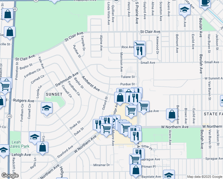 map of restaurants, bars, coffee shops, grocery stores, and more near 34 Purdue Street in Pueblo