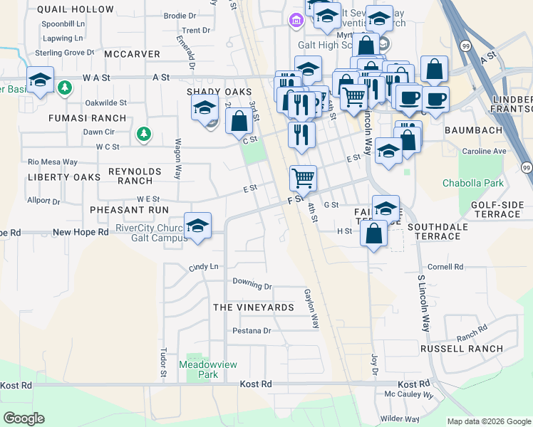 map of restaurants, bars, coffee shops, grocery stores, and more near 210 F Street in Galt