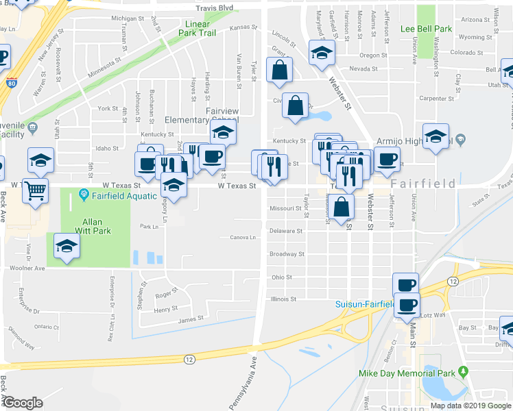 map of restaurants, bars, coffee shops, grocery stores, and more near 627 Pennsylvania Avenue in Fairfield