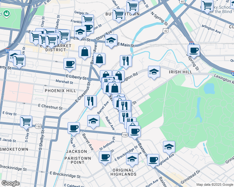 map of restaurants, bars, coffee shops, grocery stores, and more near 1112 Lexington Road in Louisville