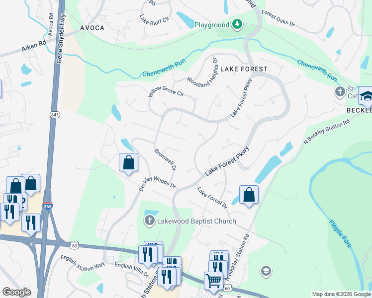 map of restaurants, bars, coffee shops, grocery stores, and more near 514 Oak Branch Road in Louisville