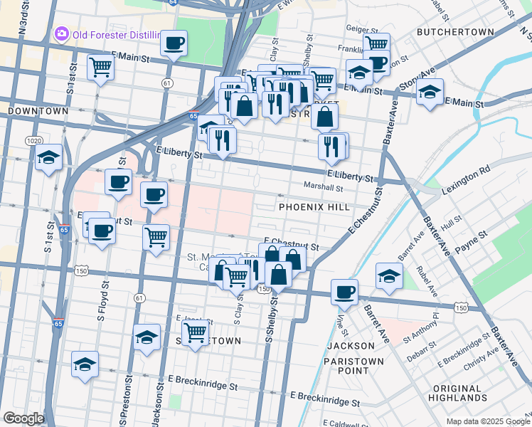 map of restaurants, bars, coffee shops, grocery stores, and more near 721 East Madison Street in Louisville