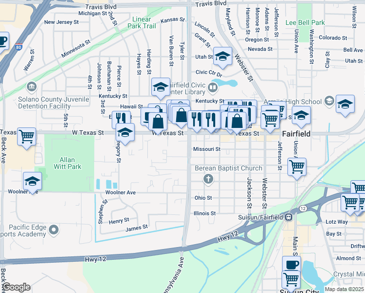 map of restaurants, bars, coffee shops, grocery stores, and more near 625 Pennsylvania Avenue in Fairfield