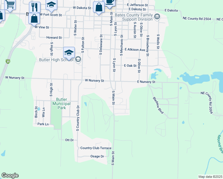 map of restaurants, bars, coffee shops, grocery stores, and more near 706 South Main Street in Butler
