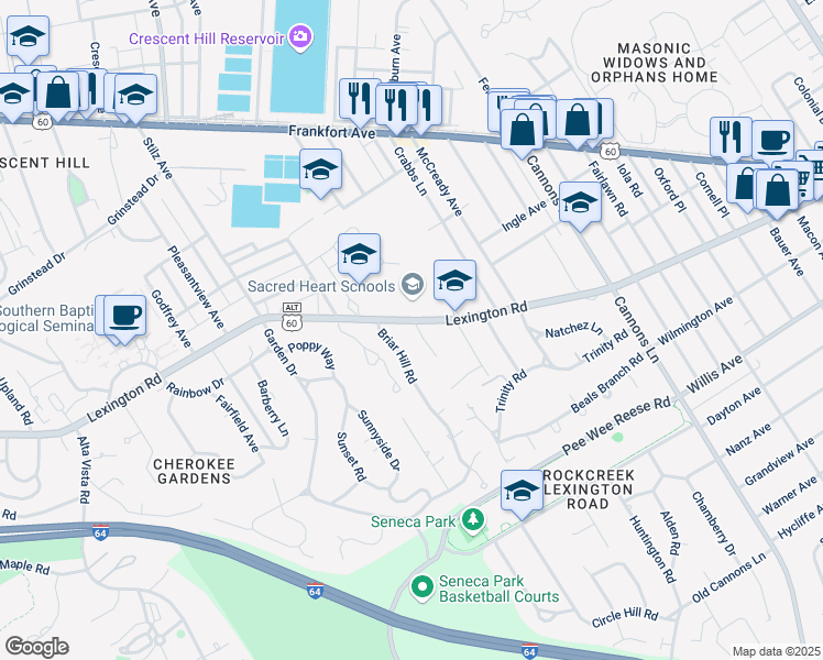 map of restaurants, bars, coffee shops, grocery stores, and more near 3148 Lexington Road in Louisville