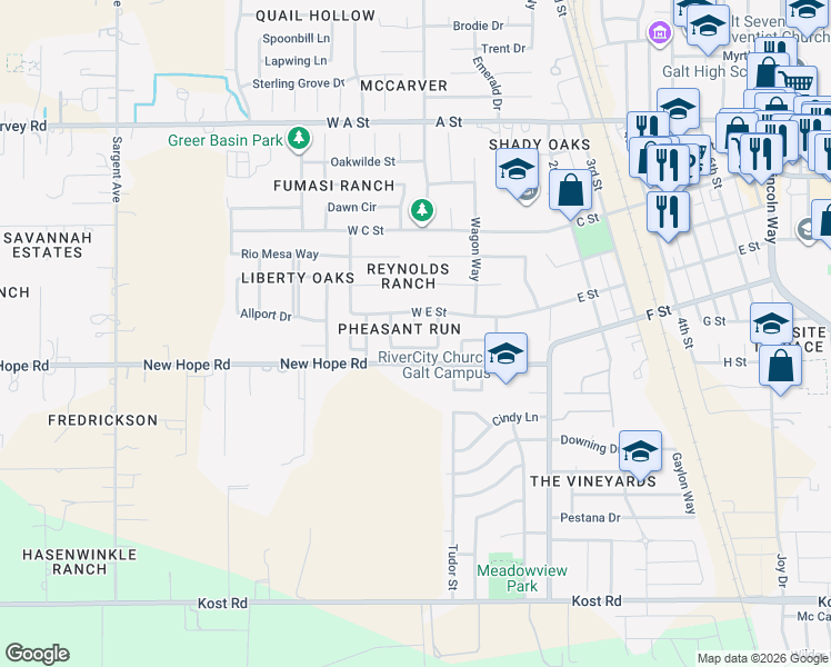 map of restaurants, bars, coffee shops, grocery stores, and more near 857 Retriever Way in Galt