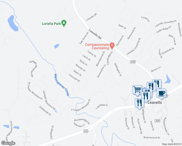 map of restaurants, bars, coffee shops, grocery stores, and more near 5501 Bounds Street in Fredericksburg