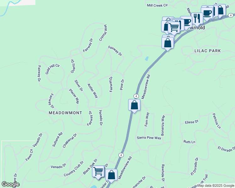map of restaurants, bars, coffee shops, grocery stores, and more near 1876 Pine Drive in Arnold