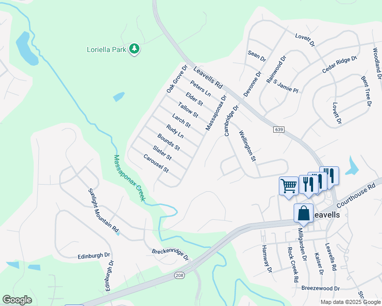 map of restaurants, bars, coffee shops, grocery stores, and more near 5501 Bounds Street in Fredericksburg
