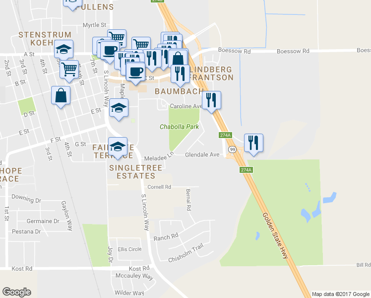 map of restaurants, bars, coffee shops, grocery stores, and more near 913 Casado Drive in Galt