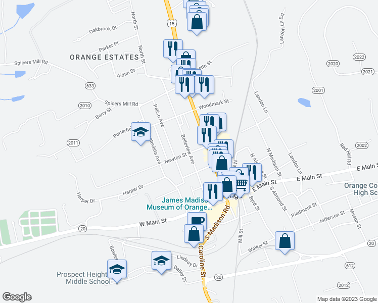 map of restaurants, bars, coffee shops, grocery stores, and more near 219 Belleview Avenue in Orange