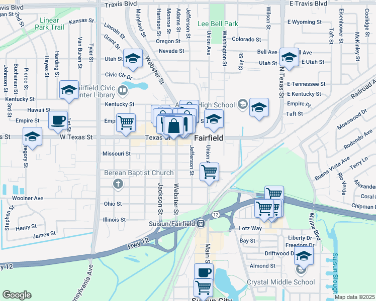 map of restaurants, bars, coffee shops, grocery stores, and more near 632 Webster Street in Fairfield