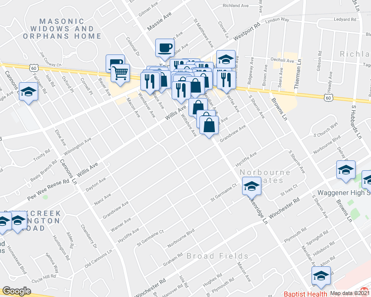 map of restaurants, bars, coffee shops, grocery stores, and more near 3714 Nanz Avenue in Louisville