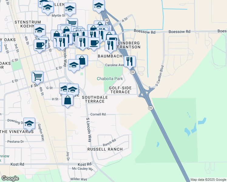 map of restaurants, bars, coffee shops, grocery stores, and more near 913 Casado Drive in Galt