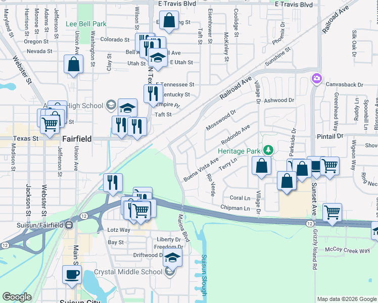 map of restaurants, bars, coffee shops, grocery stores, and more near 48 Tea Rose Way in Suisun City
