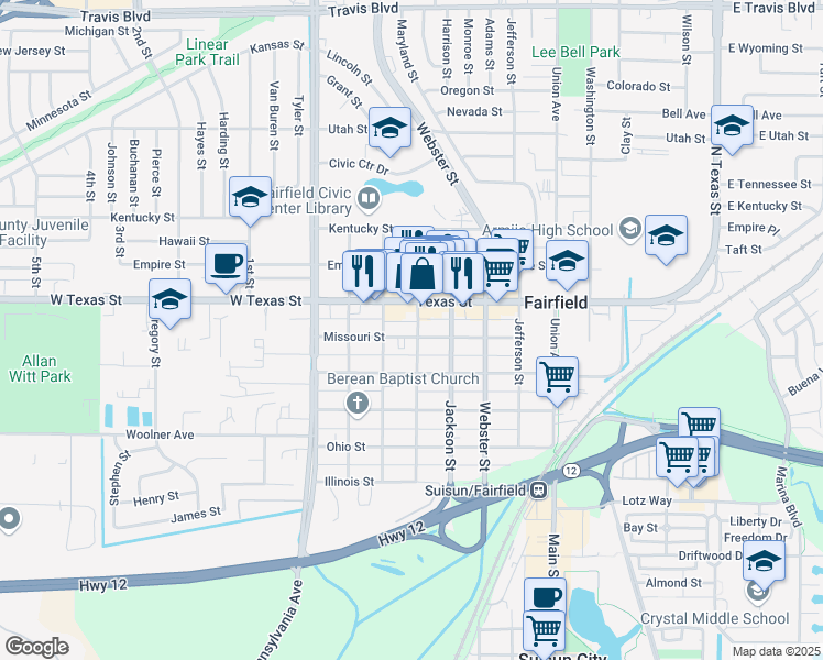 map of restaurants, bars, coffee shops, grocery stores, and more near 601 Madison Street in Fairfield