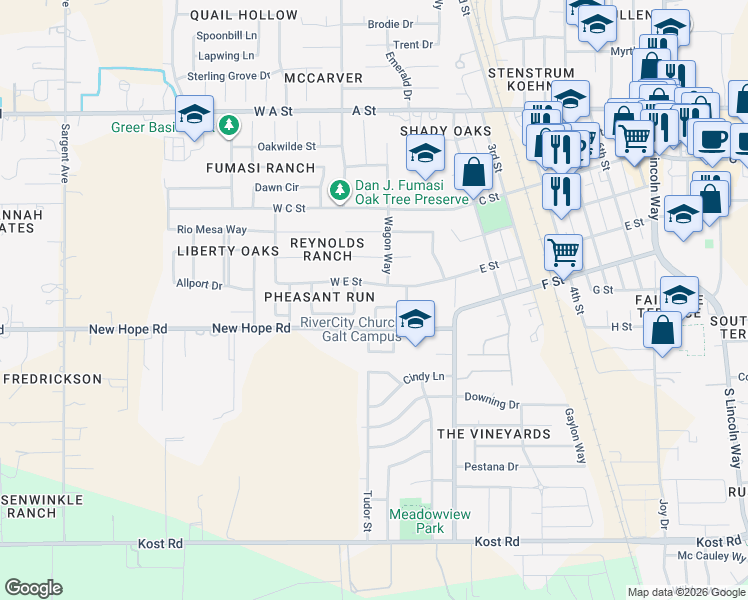 map of restaurants, bars, coffee shops, grocery stores, and more near 165 Silverado Way in Galt