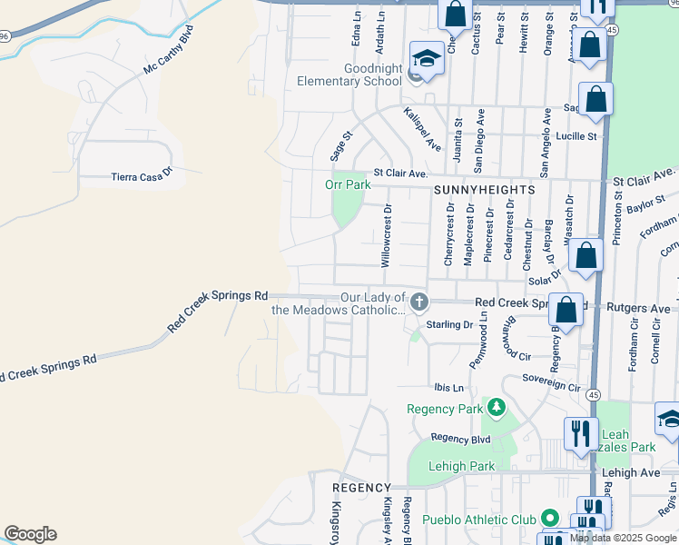 map of restaurants, bars, coffee shops, grocery stores, and more near 1014 Olivecrest Drive in Pueblo