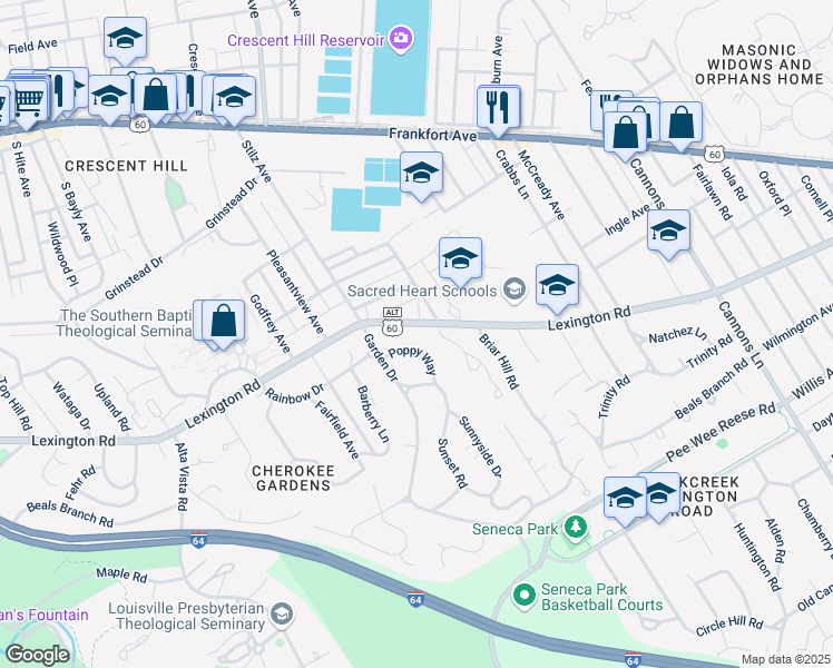 map of restaurants, bars, coffee shops, grocery stores, and more near 3032 Lexington Road in Louisville