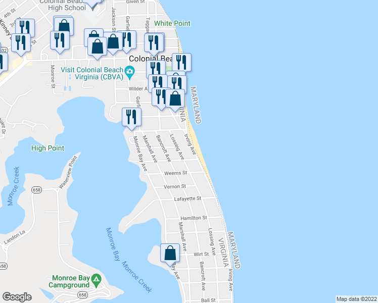 map of restaurants, bars, coffee shops, grocery stores, and more near 111 Irving Avenue in Colonial Beach