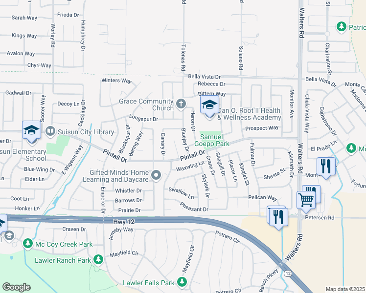 map of restaurants, bars, coffee shops, grocery stores, and more near 806 Bluejay Drive in Suisun City
