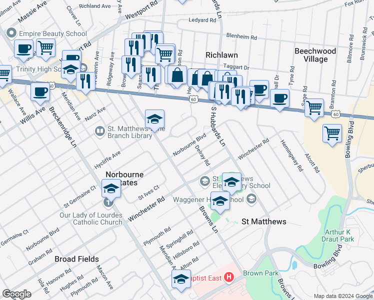 map of restaurants, bars, coffee shops, grocery stores, and more near 4216 Norbourne Boulevard in Louisville