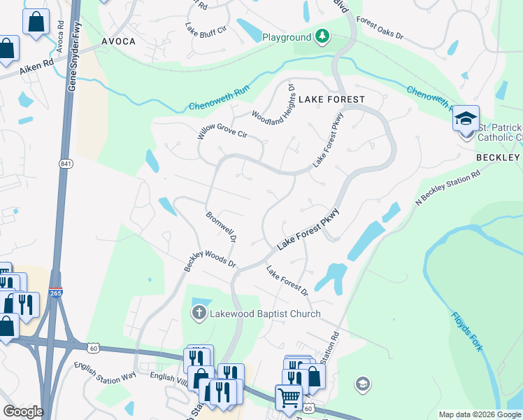 map of restaurants, bars, coffee shops, grocery stores, and more near 514 Oak Branch Road in Louisville