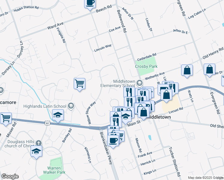 map of restaurants, bars, coffee shops, grocery stores, and more near 11305 Pencross Court in Louisville