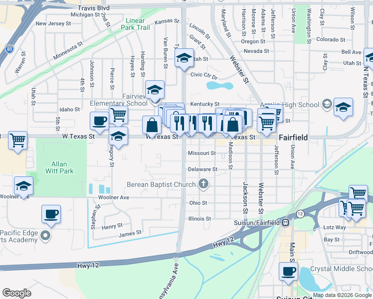 map of restaurants, bars, coffee shops, grocery stores, and more near 1240 Missouri Street in Fairfield