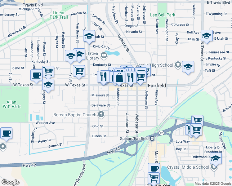 map of restaurants, bars, coffee shops, grocery stores, and more near 601 Madison Street in Fairfield