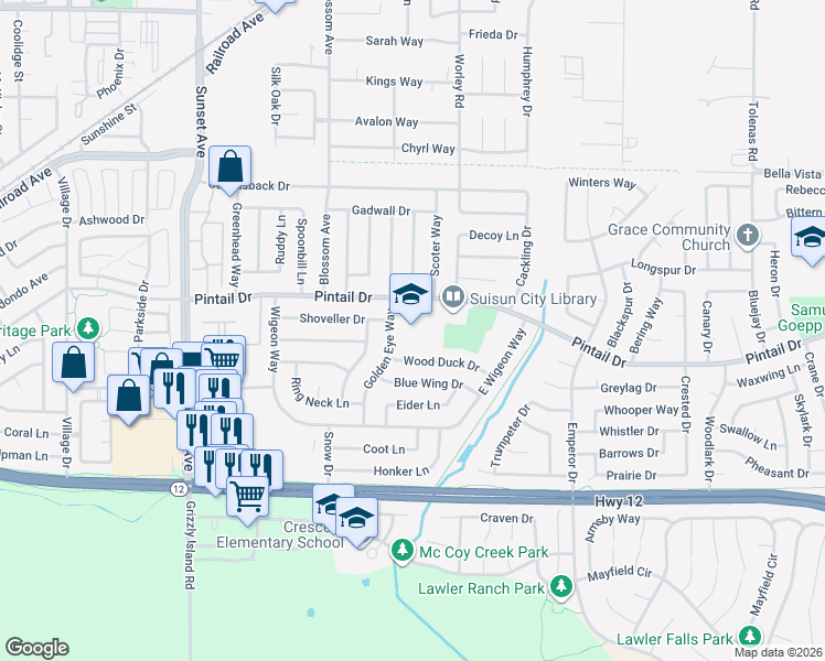 map of restaurants, bars, coffee shops, grocery stores, and more near 725 Golden Eye Way in Suisun City