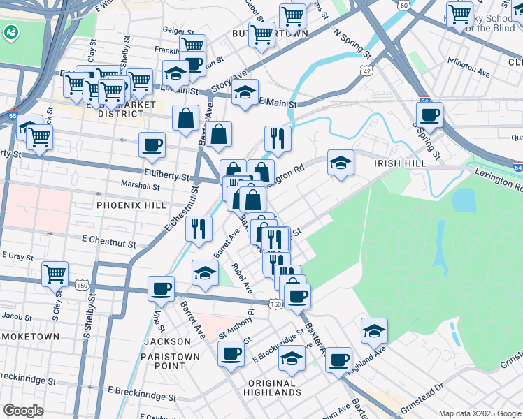 map of restaurants, bars, coffee shops, grocery stores, and more near 1112 Lexington Road in Louisville