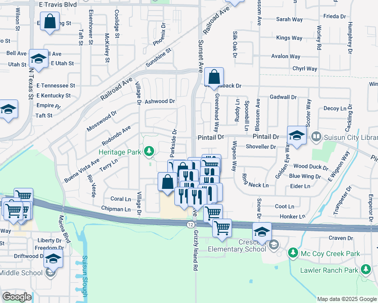 map of restaurants, bars, coffee shops, grocery stores, and more near 348 Flagstone Circle in Suisun City