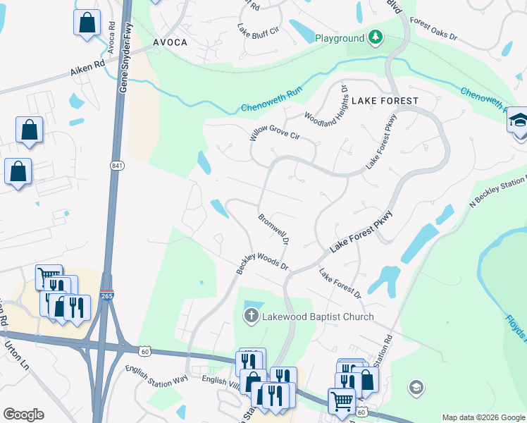 map of restaurants, bars, coffee shops, grocery stores, and more near 425 Bromwell Drive in Louisville