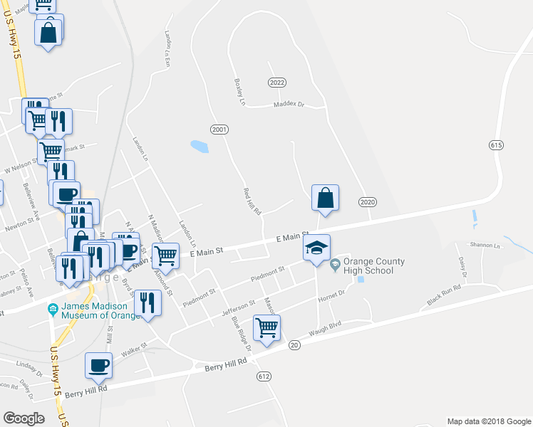 map of restaurants, bars, coffee shops, grocery stores, and more near 368 Greenfields Drive in Orange
