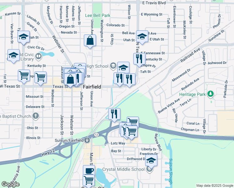 map of restaurants, bars, coffee shops, grocery stores, and more near 332 State Street in Fairfield