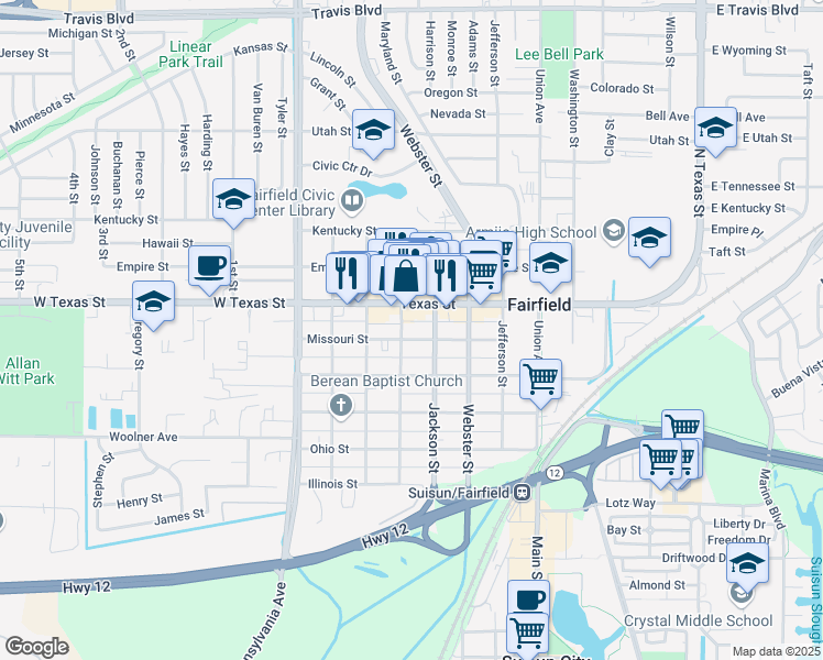 map of restaurants, bars, coffee shops, grocery stores, and more near 601 Madison Street in Fairfield