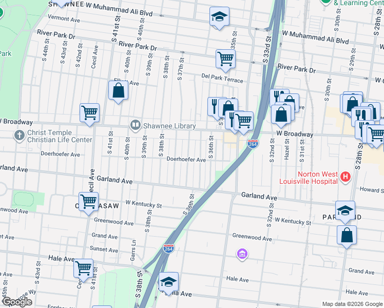 map of restaurants, bars, coffee shops, grocery stores, and more near 734 Sutcliffe Avenue in Louisville