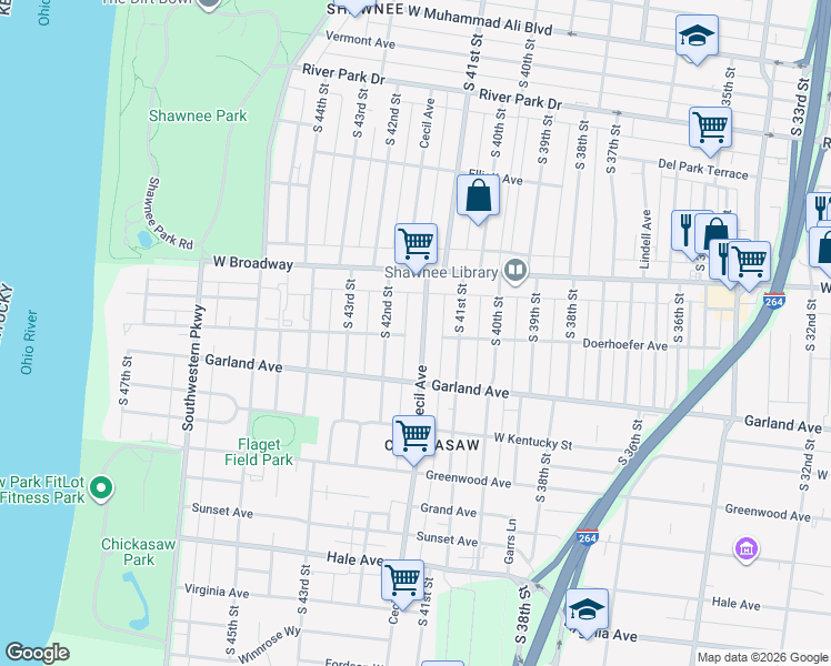 map of restaurants, bars, coffee shops, grocery stores, and more near 734 Cecil Avenue in Louisville