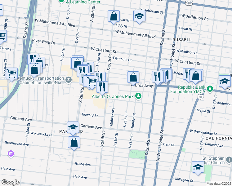 map of restaurants, bars, coffee shops, grocery stores, and more near 2501 Maple Street in Louisville