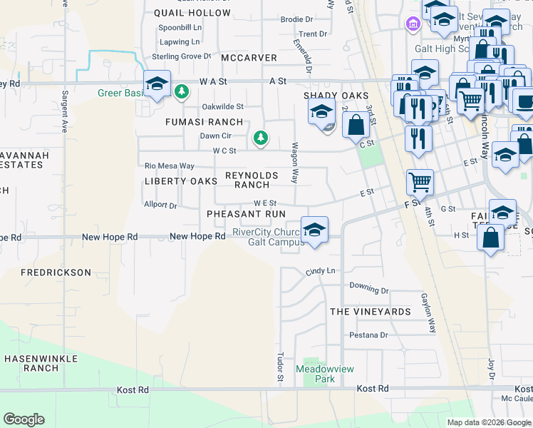 map of restaurants, bars, coffee shops, grocery stores, and more near 857 Retriever Way in Galt