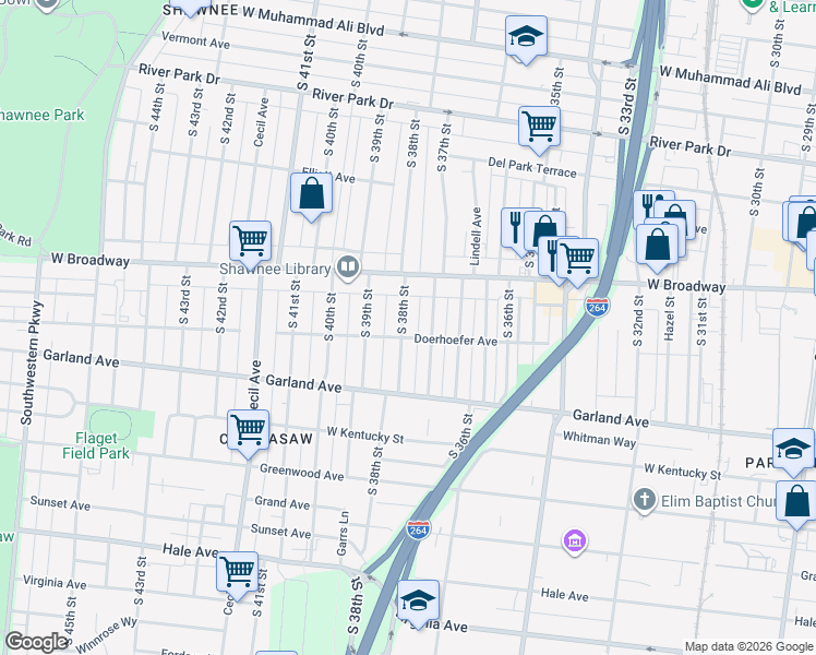 map of restaurants, bars, coffee shops, grocery stores, and more near 735 South 38th Street in Louisville