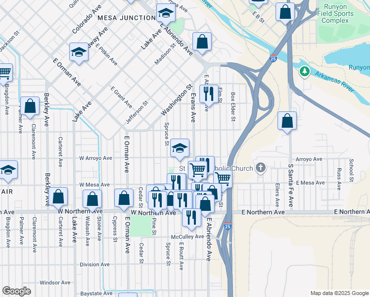 map of restaurants, bars, coffee shops, grocery stores, and more near 1036 East Routt Avenue in Pueblo