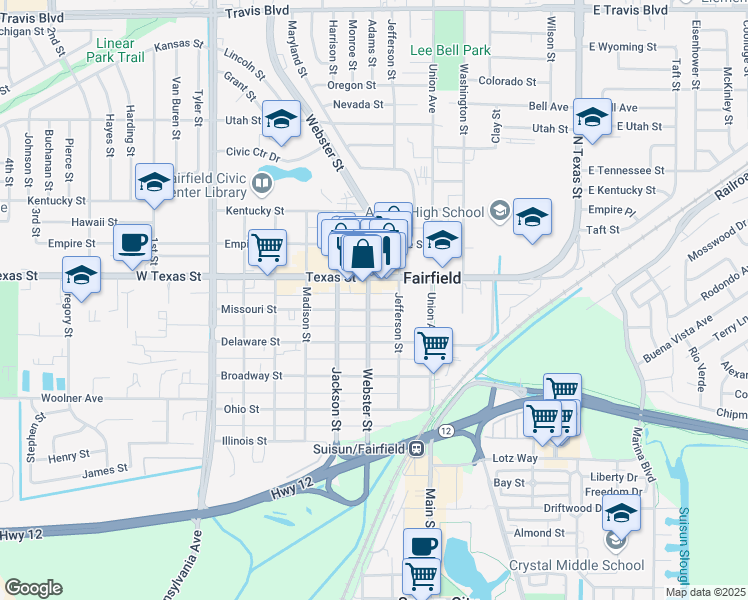 map of restaurants, bars, coffee shops, grocery stores, and more near 632 Webster Street in Fairfield
