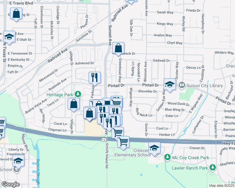 map of restaurants, bars, coffee shops, grocery stores, and more near 831 Pintail Drive in Suisun City