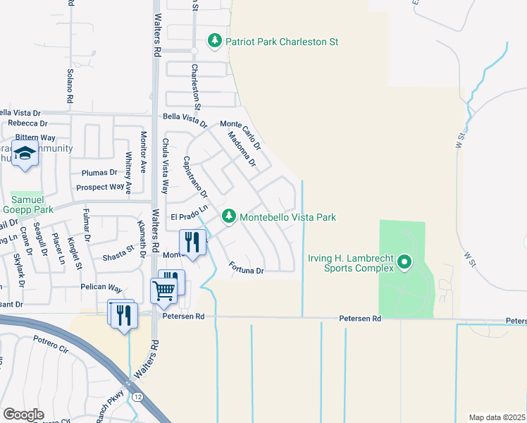 map of restaurants, bars, coffee shops, grocery stores, and more near 502 Bella Vista Drive in Suisun City