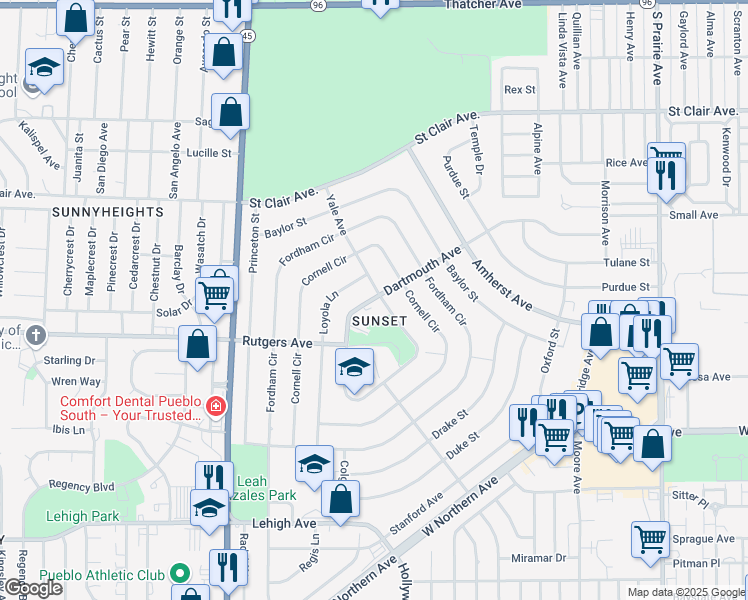 map of restaurants, bars, coffee shops, grocery stores, and more near 110 University Circle in Pueblo